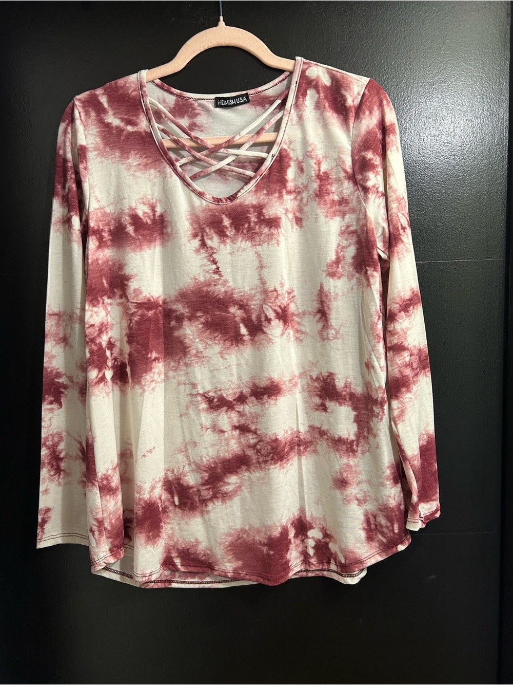 HEIMISH USA Burgundy and Cream Crisscross V-Neck Long Sleeve Top